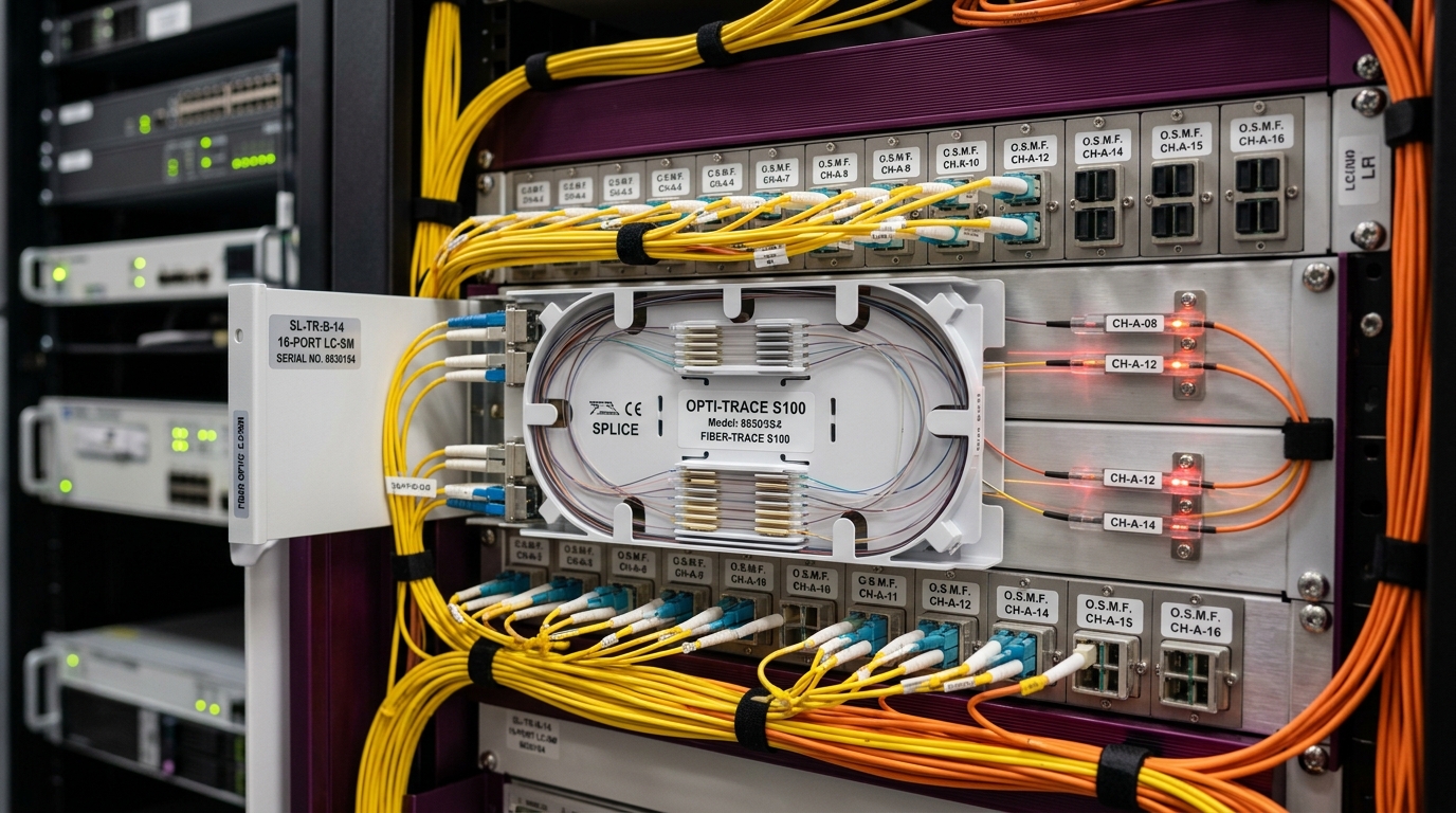 Vibrant glowing optical fiber bundle representing high speed FTTH