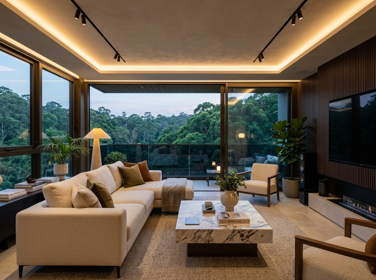 Contemporary luxury living room with ambient smart lighting